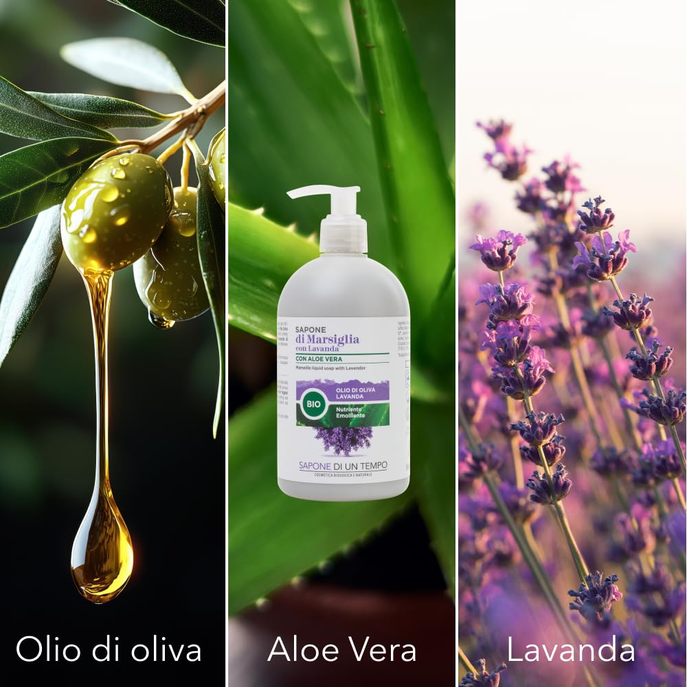 Sapone di un Tempo Detergente Intimo pH 4.5 + Sapone di Marsiglia Lavanda + Docciaschiuma Shampoo Aloe Argan 1500ml, Naturale, Vegan, Detergenti Corpo, Igiene Intima Donna, Mani e Capelli