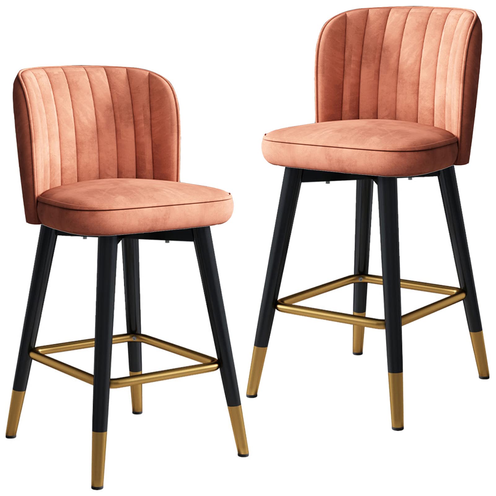 Swivel High Chair Velvet Backrest Bar Stools 2 Pcs, Home Kitchen Counter Reception Barstool with Black Legs and Gold Chrome Footrest(Size:75 cm,Color:Orange)