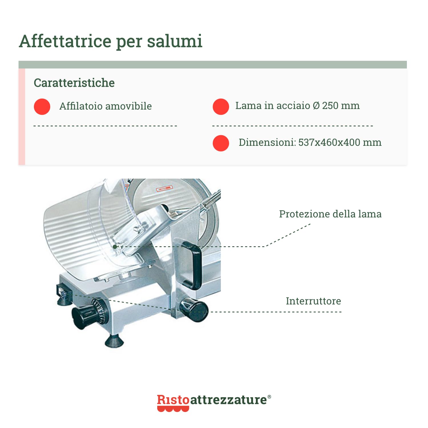 Ristoattrezzature Affettatrice per salumi a gravità professionale con affilatoio amovibile lama in acciaio Ø 250 mm 0.15 kW