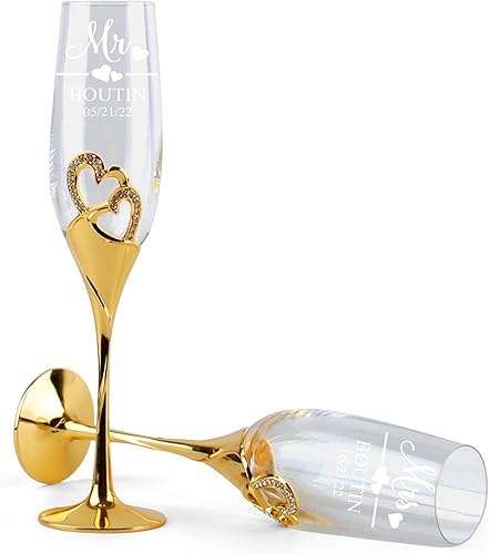 Miniatura 5 de Flautas de champán de diseño único para novia y novio, decoración de corazón personalizada, juegos de tazas de tostado para parejas, flautas de