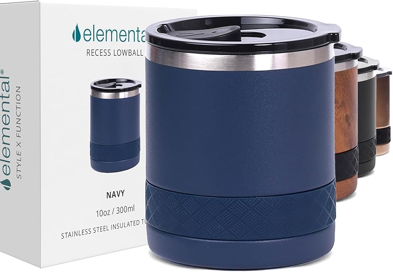 Elemental Recess Lowball 10oz Stainless Steel Tumbler Whiskey Glass w/Lid | Stainless Steel Cup with Non Shatter Tritan Lid; Insulated Coffee Tumbler Mug for Hot & Cold Drinks, Everyday Sipping