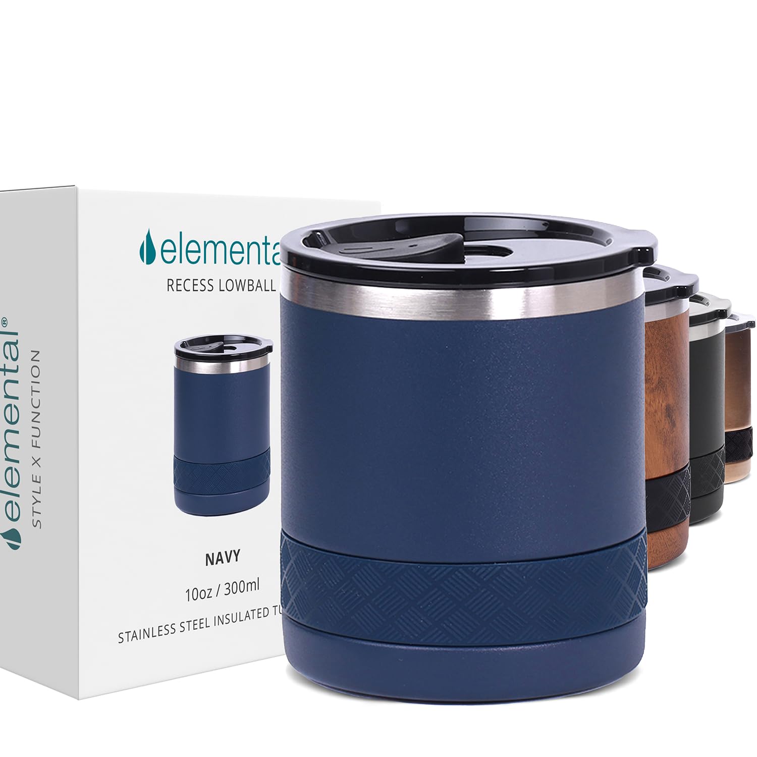 Elemental Recess Lowball 10oz Stainless Steel Tumbler Whiskey Glass w/Lid