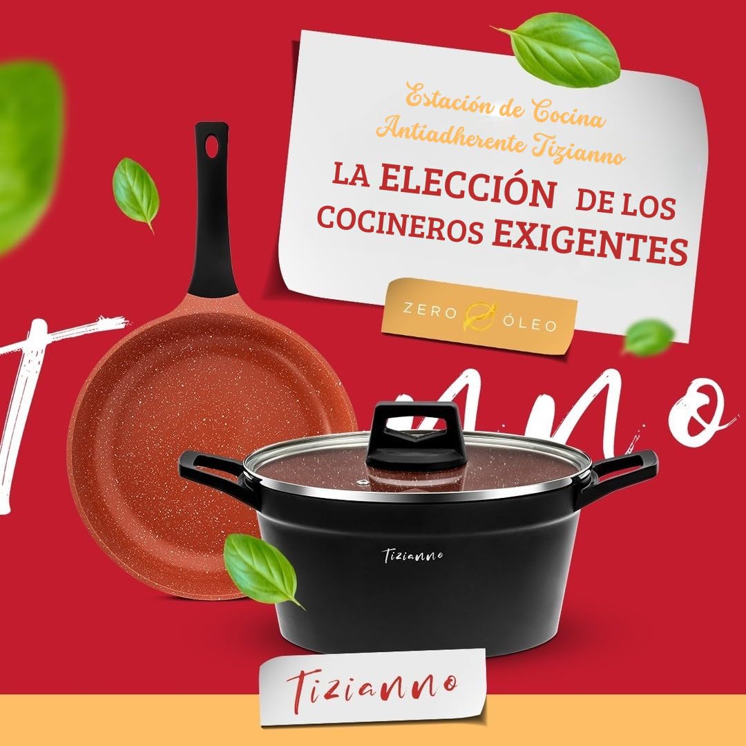 Tizianno Juego 12 Piezas Sartenes Ollas Antiadherentes Inducción Premium, Batería Cocina Saludable Aluminio 6 Capas sin PFOA, Revestimiento Granito Vitrocerámica Gas