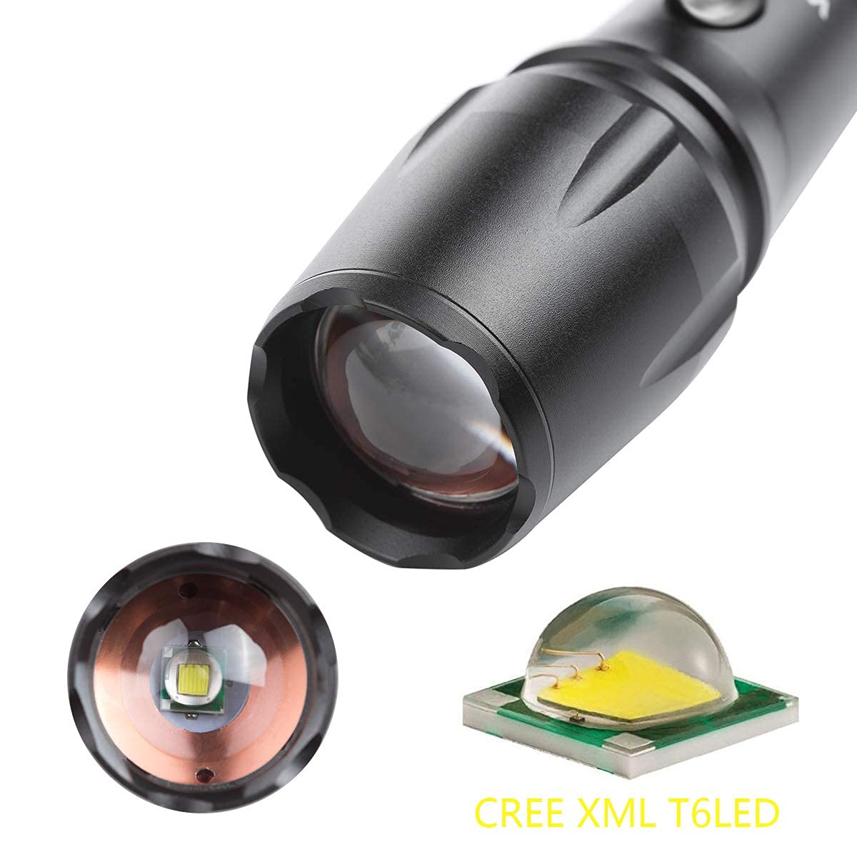 Wolfway Torches Led Super Bright- 2000lm XM T6 Rechargeable Torch, Waterproof Flashlight, Zoomable Camping Lights, Shockproof Small Torch, 5 Modes, USB Charging, Bike Mount