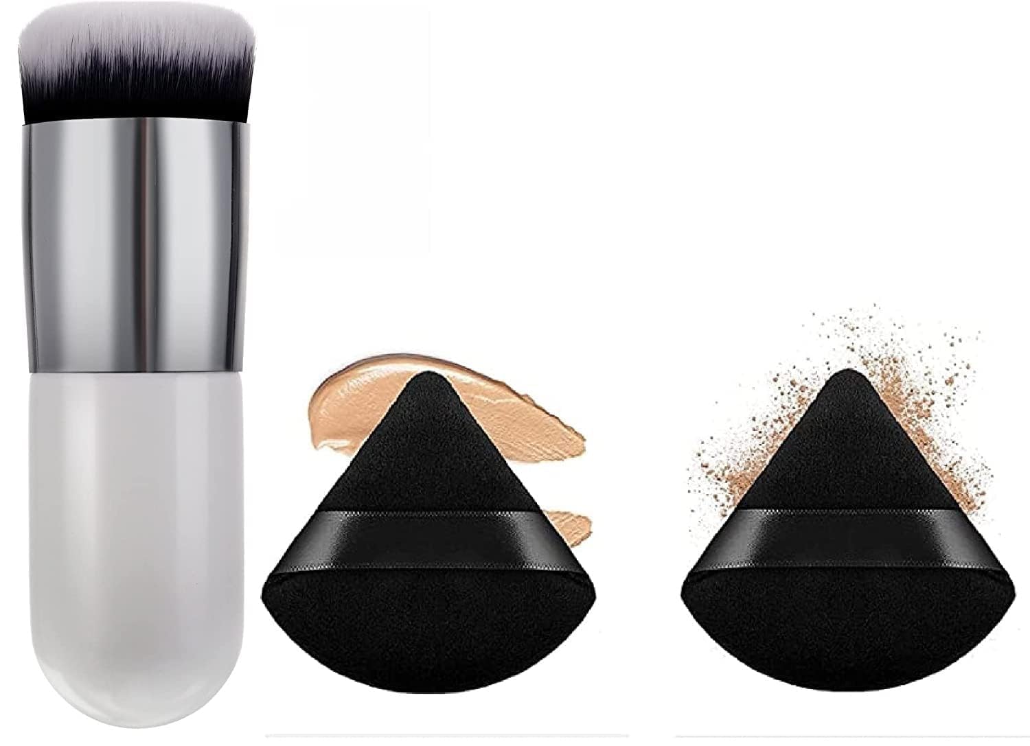 round foundation makeup brush with 2 triangle powder puffs, soft plush makeup sponge blender, washable reusable cosmetic puff for liquid cream powder foundation face makeup tool pack of 3