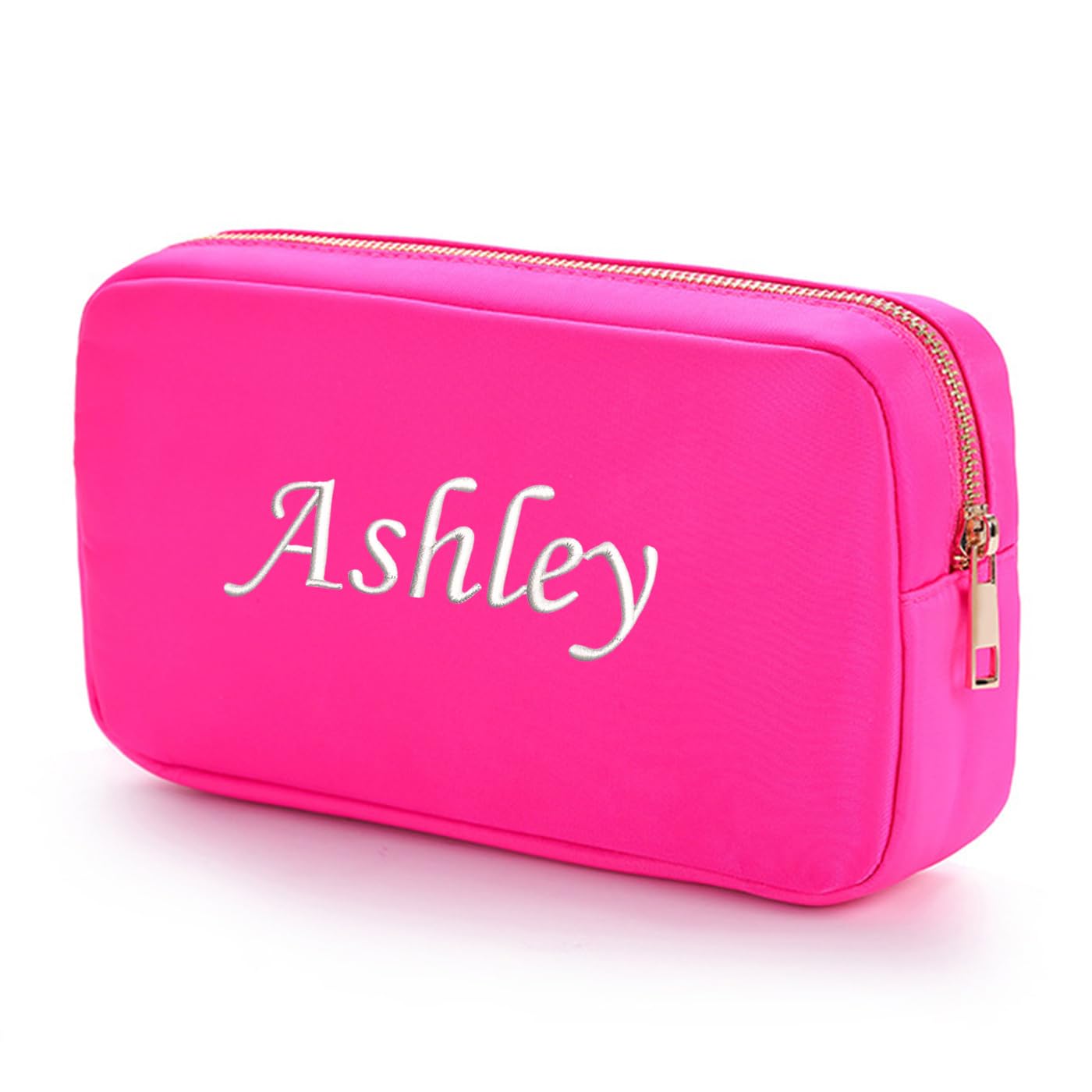 GOPHIE Personalized Embroidery Preppy Makeup Bag Customized Nylon Cosmetic Bag Large Capacity Travel makeup Pouch Toiletry Bag for Women (Deep Pink)