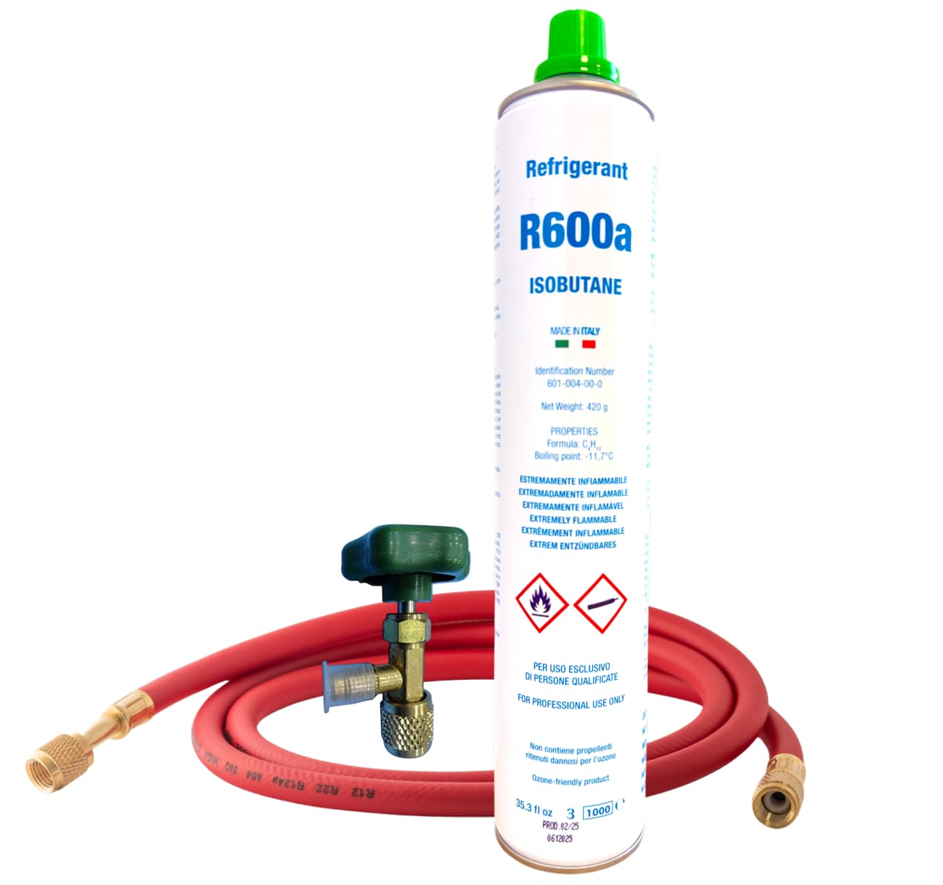 Kit Completo Gas Refrigerante R600a Isobutano | Envase de 420g Neto | Para Recarga de Frigoríficos y Congeladores | Incluye Válvula y Manguera de Carga | Solución Ecológica