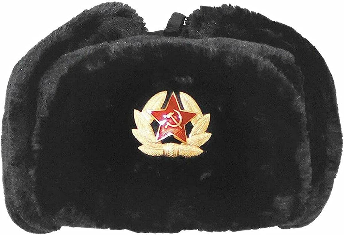 COMFYLOT & KK TRADERS MCR LTDSoviet Style Winter Hat | Faux Fur Ushanka Cossack Hat with Ear Flaps & Decorative Military Pin | Mens Russian Trapper Ski Hat Perfect for Long, Cold Winter Nights One Size-58/60cm
