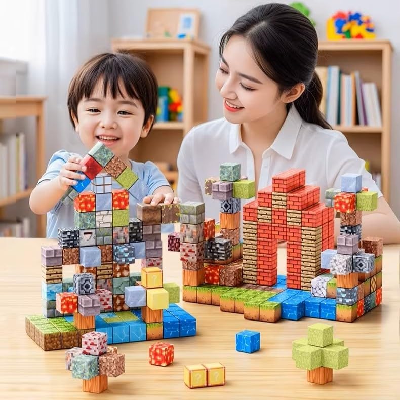 Image of Lefan 148+ PCS Magnetic Building Blocks Set with 15+ Characters, Creative 3D Cube Construction Toy with Storage Box for Kids, Educational STEM Building Toy for Boys & Girls
