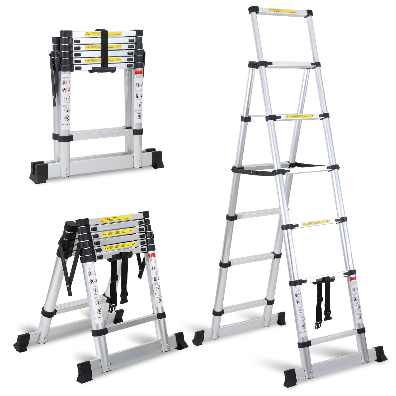 Eulenke Escalera telescópica plegable, 1,7 + 2 m, escalera de aluminio, portátil, antideslizante, 5 + 6 peldaños, capacidad de carga de 150 kg, escalera extensible, escalera multiusos, escalera