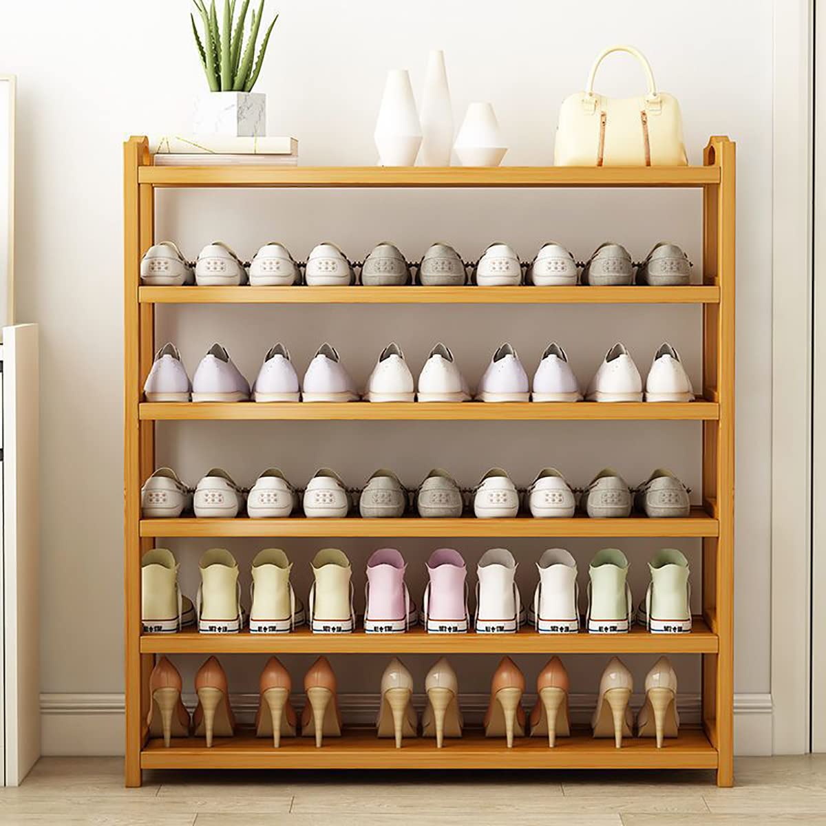 Bamboo Shoe Rack, Free Standing Entryway Shoe Tower Shelf, Shoes Organizer Multi-Function Storage Organizer Boots Storage Shelf Home Furniture Modern House Office Stand (6 Tiers)