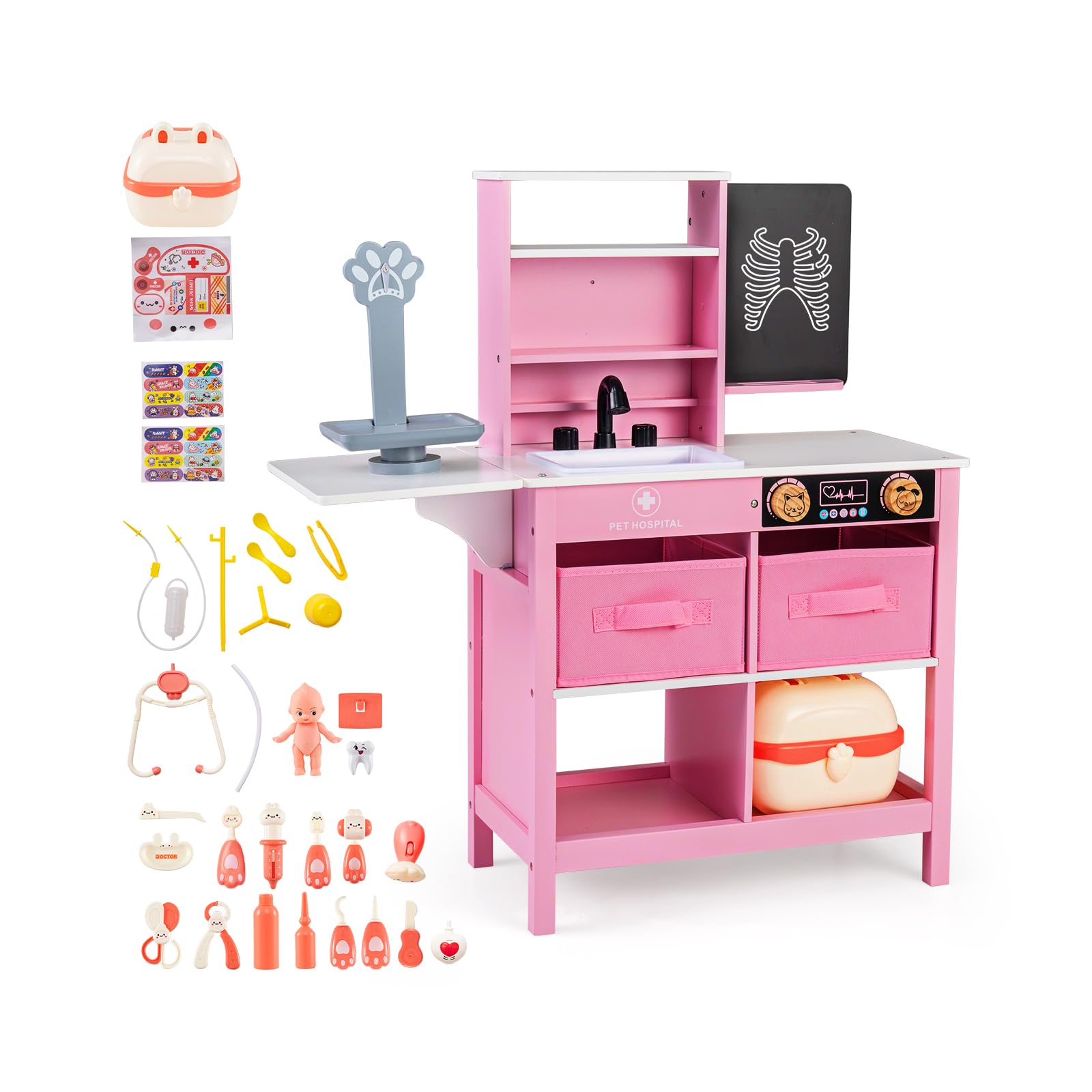 COSTWAY Centro Médico Juguete, Juego de Médicos de Madera con Pizarra, Báscula, Grifo, Lavabo, Mesa Plegable, Cajones, Maletín y Accesorios, Juego de Doctor Montessori para Niños de 3-6 Años (Rosa)