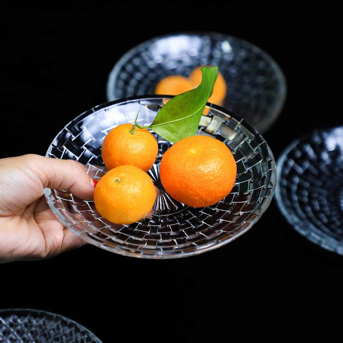 Sizikato 4pcs Clear Glass Snack Plate with Woven Texture, 6-Inch Dried Fruit Plate Dessert Plate for Home and KTV