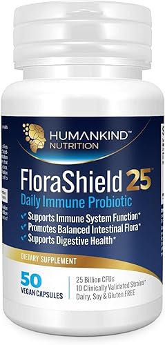 Humankind Nutrition FloraShield 25 Probiótico inmune diario para mujeres y hombres - 25 mil millones de UFC - 10 cepas y prebióticos clínicamente