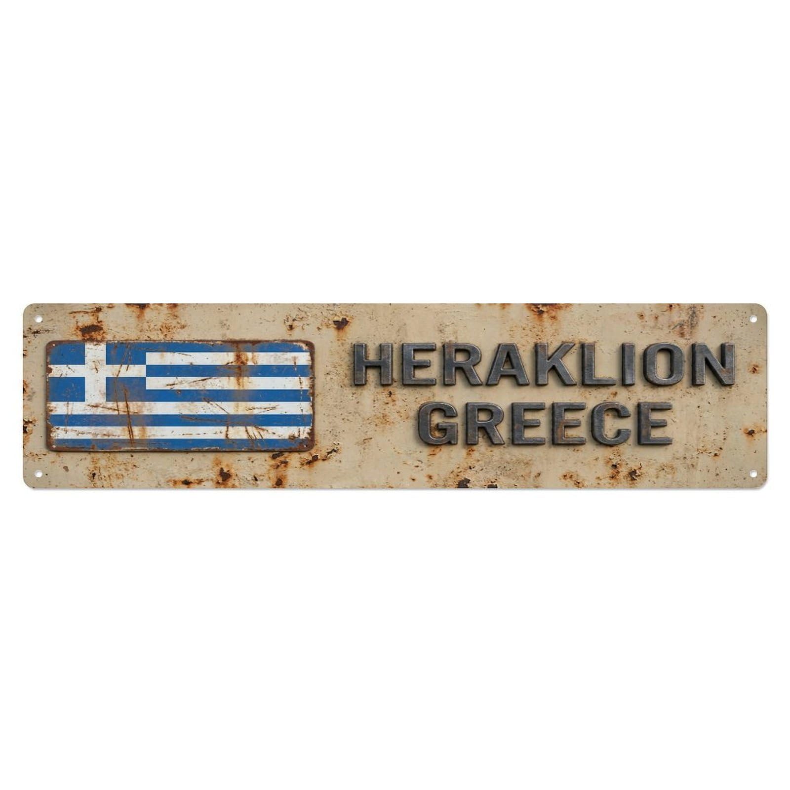 Metal Tin Sign Vintage Heraklion Greece Flag Decor Rustic Travel