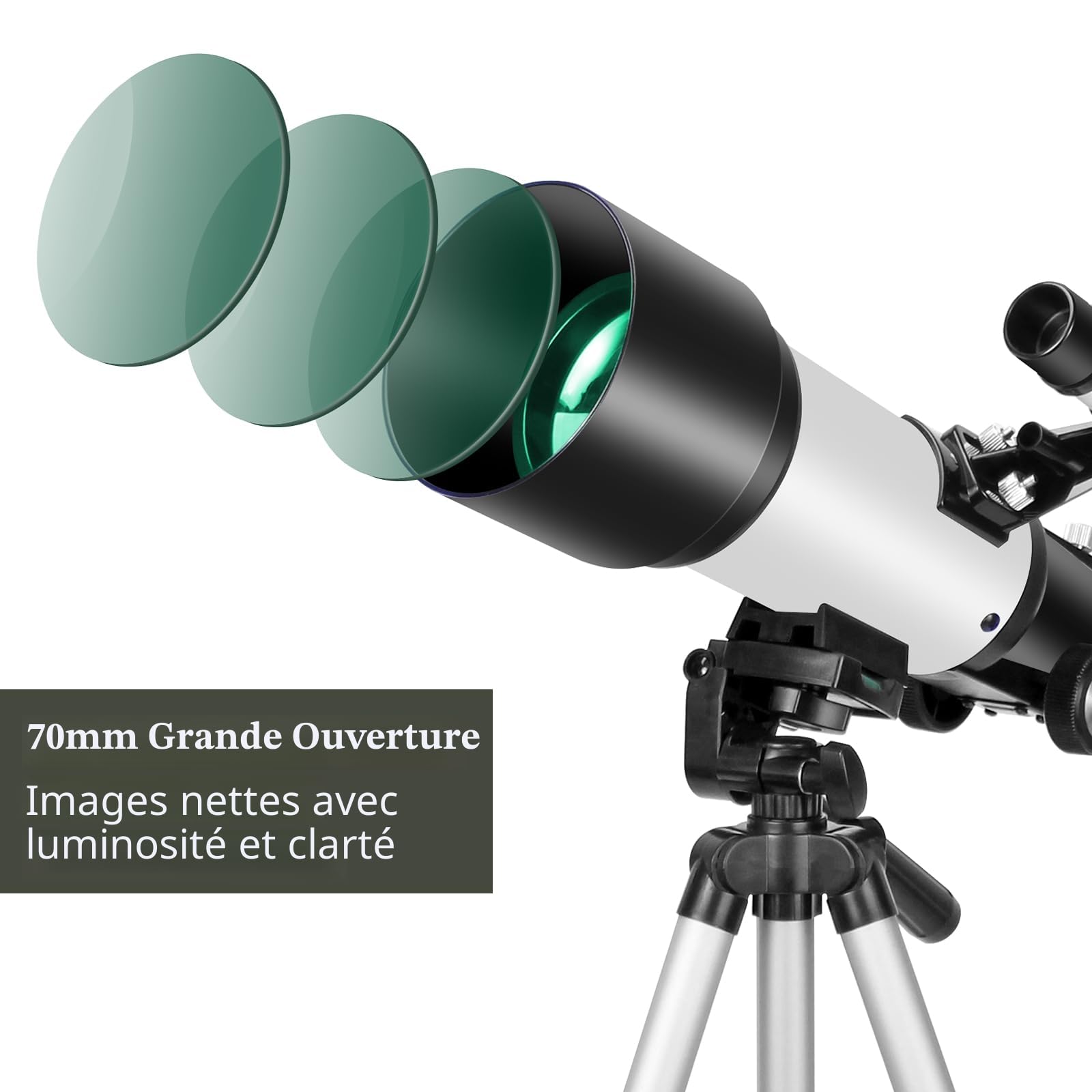 Télescope pour Adultes débutants, Ouverture 70 mm 400 mm AZ Mount Full Multi-Couches Réfracteur Optique Portable Télescope de Voyage avec trépied Adaptateur téléphone (White)