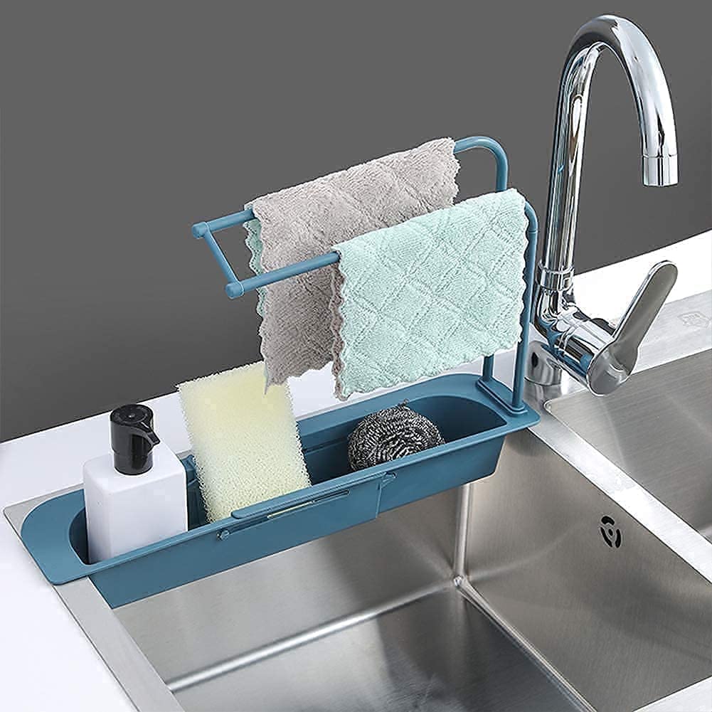 PRAMANTA 2 in 1 Drainer Basket Tray Sponge Soap Holder Expandable Sink Organizer Adjustable Telescopic Sink Storage Rack Holder Cloth Hanger for Home Kitchen (1Pcs)