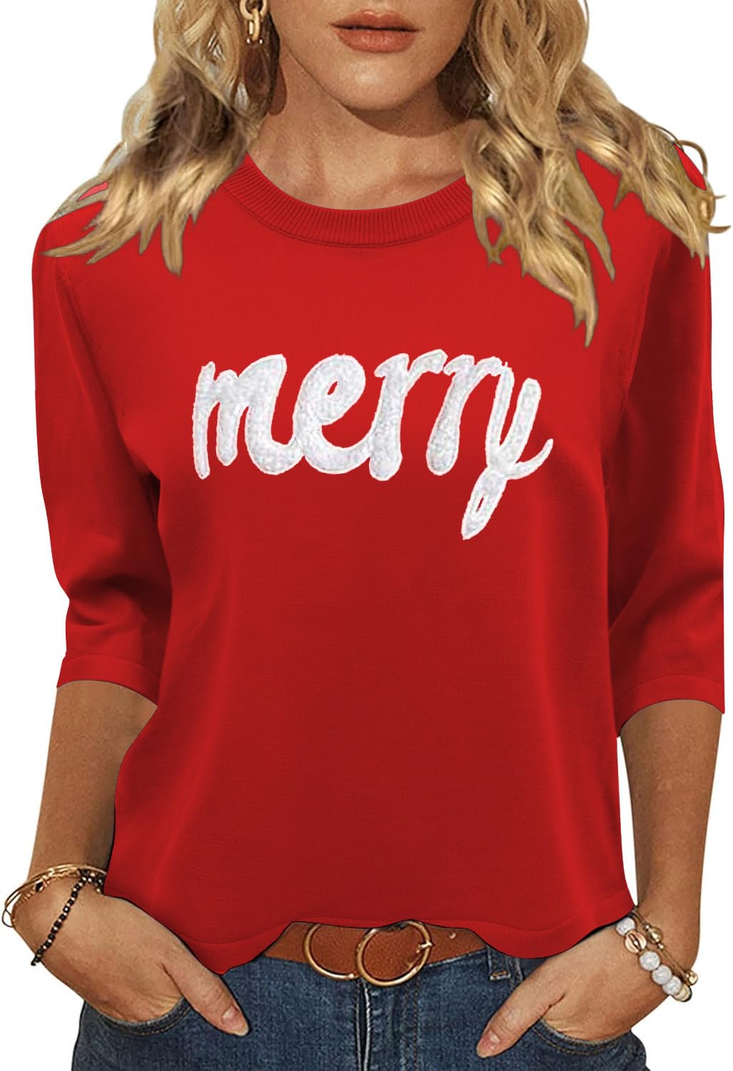 Womens 3 4 Sleeve Pullover Sweaters Crew Neck Cute Halloween Christmas Hearts Knitted Casual Sweater