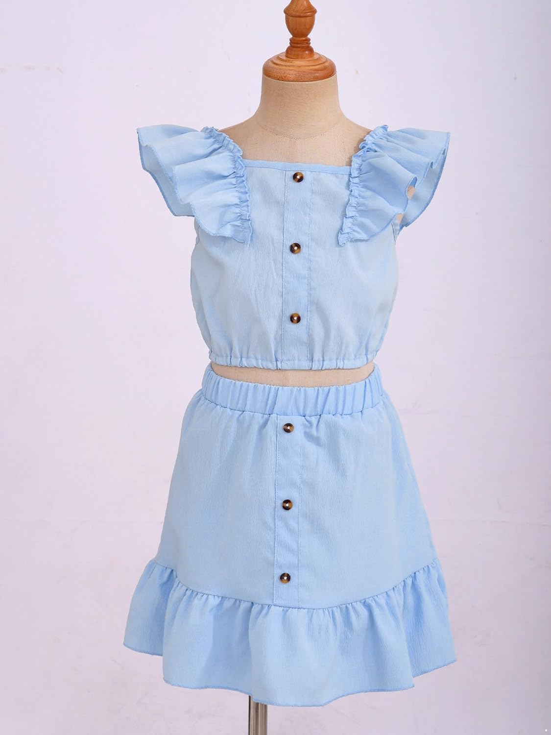 Kids Girls Skirt Set 2 Piece Button Front Ruffle Sleeve Crop Top with Flared Skirt Summer Casual Outfits