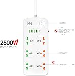 Universal Power Strip with USB and Type C Port, Surge Protector with 6 Universal Oulets and 4 USB, 110-250V, 6.5ft Extension Lead 2500W for European Travel, Home Office