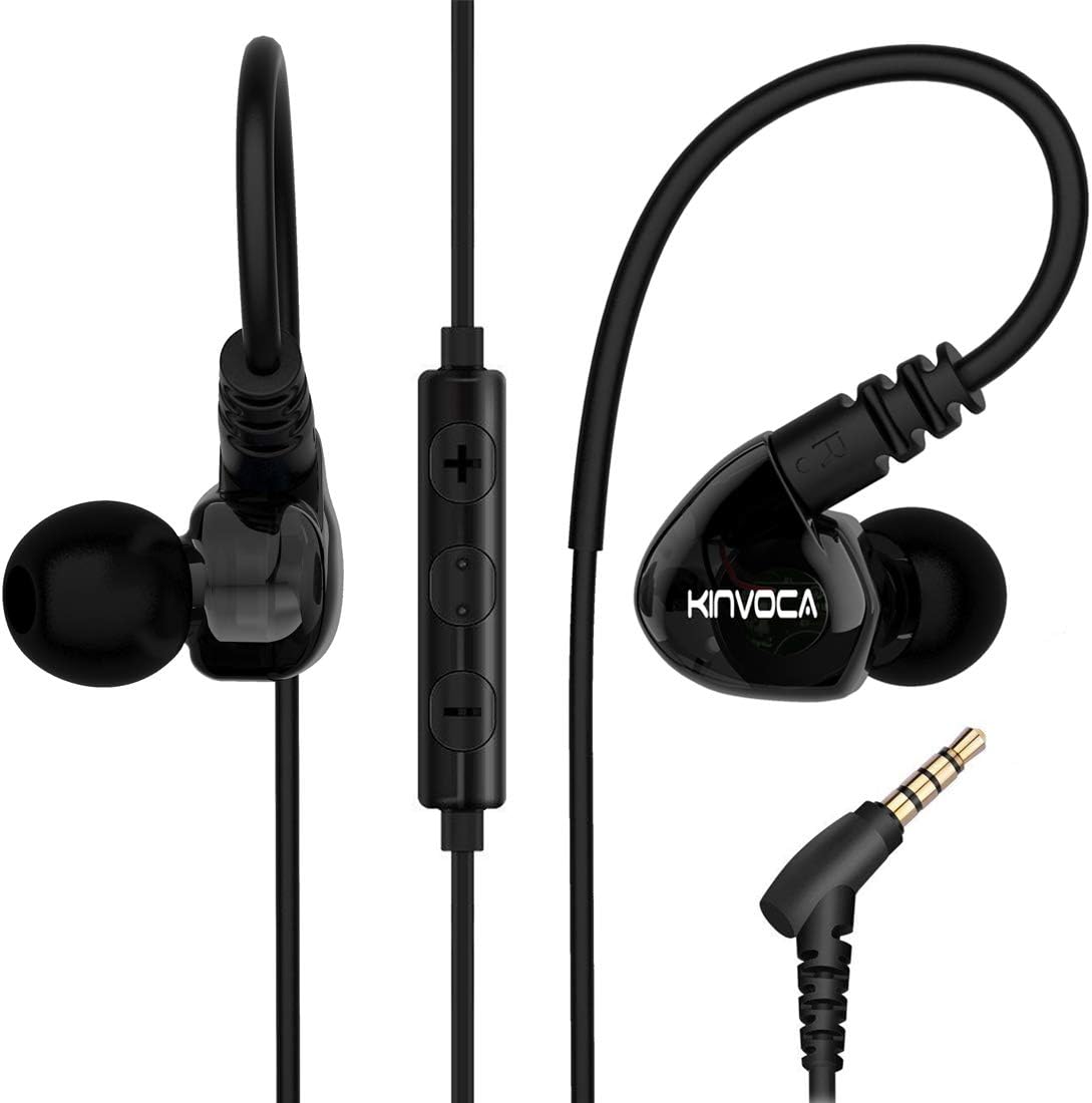 KINVOCA Running Headphones Over Ear in Ear Noise Isolating Sweatproof Sport Earbuds Earphones with Remote and Mic Earhook Wired Stereo Workout Ear Buds for Jogging Gym,Cell Phones Headset Black