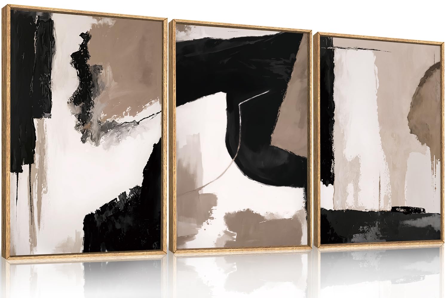DRACIT Large Modern Abstract Framed Canvas Wall Art Set, Neutral Black and Beige Color Block Wall Decor,Minimalist Pastel Tan Art Printing for Living