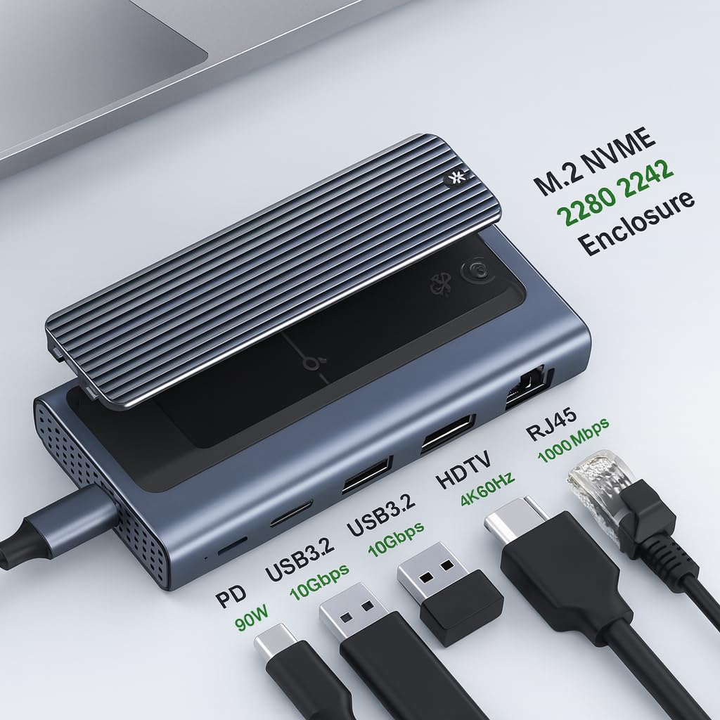 Coverzone USB-C Docking Station with M.2 NVMe Enclosure – 4K 60Hz HDMI, 1000Mbps Ethernet, 2×USB 3.2 Gen2 10Gbps, 90W PD Şarj Desteği, 2280/2242 NVMe SSD Harici Disk Kutusu | ZR1145