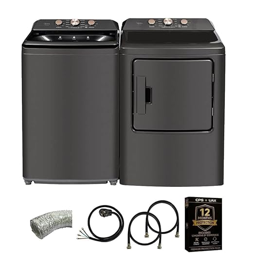 Midea Gray Top Load Washer and Dryer Pair MLTW41A1BGPR 4.1 Cu Ft High Efficiency Washer and 6.7 Cu Ft Electric Dryer with 2 Water Lines Dryer Vent Power Cable and 12 Month CPS Protection Pla