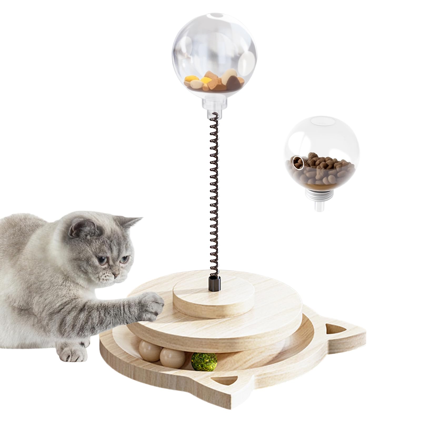DHSWNNG Cat Treat Ball Interactive Double 2 Layer Interactive Cat Toy With Track Ball Toys Bamboo Cats Toy for Indoor Cats With Spring Treat Balls And Automatic Slow Feeder