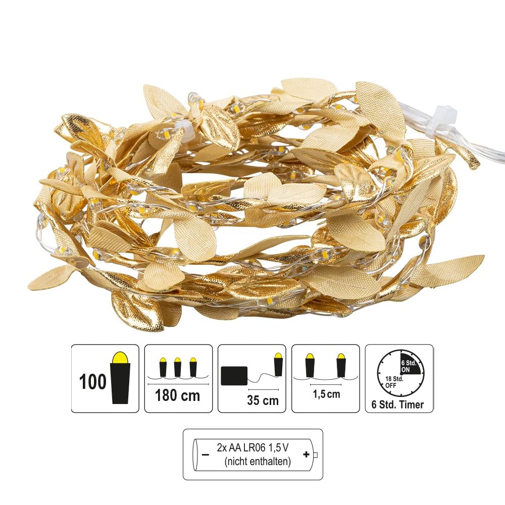 Ideen Mit Herz Catena LED Con Foglie Dorate – 100 LED, 1,8 M, Timer, Batteria – Decorazione Autunno/Inverno