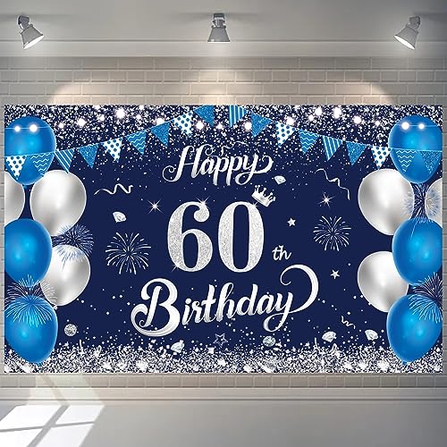 Yontree Happy 60th Birthday Banner blu navy argento Happy Birthday sfondo 1,1 x 1,8 m sfondo fotografico per 60 anni compleanno anniversario festa (blu)