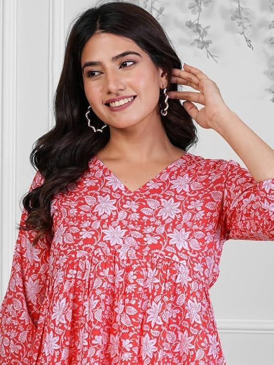 Image of Women's Regular Fit Printed Tunic Top with 3 /4 Sleeves and V Nack Long Length | Short Kurta for Women