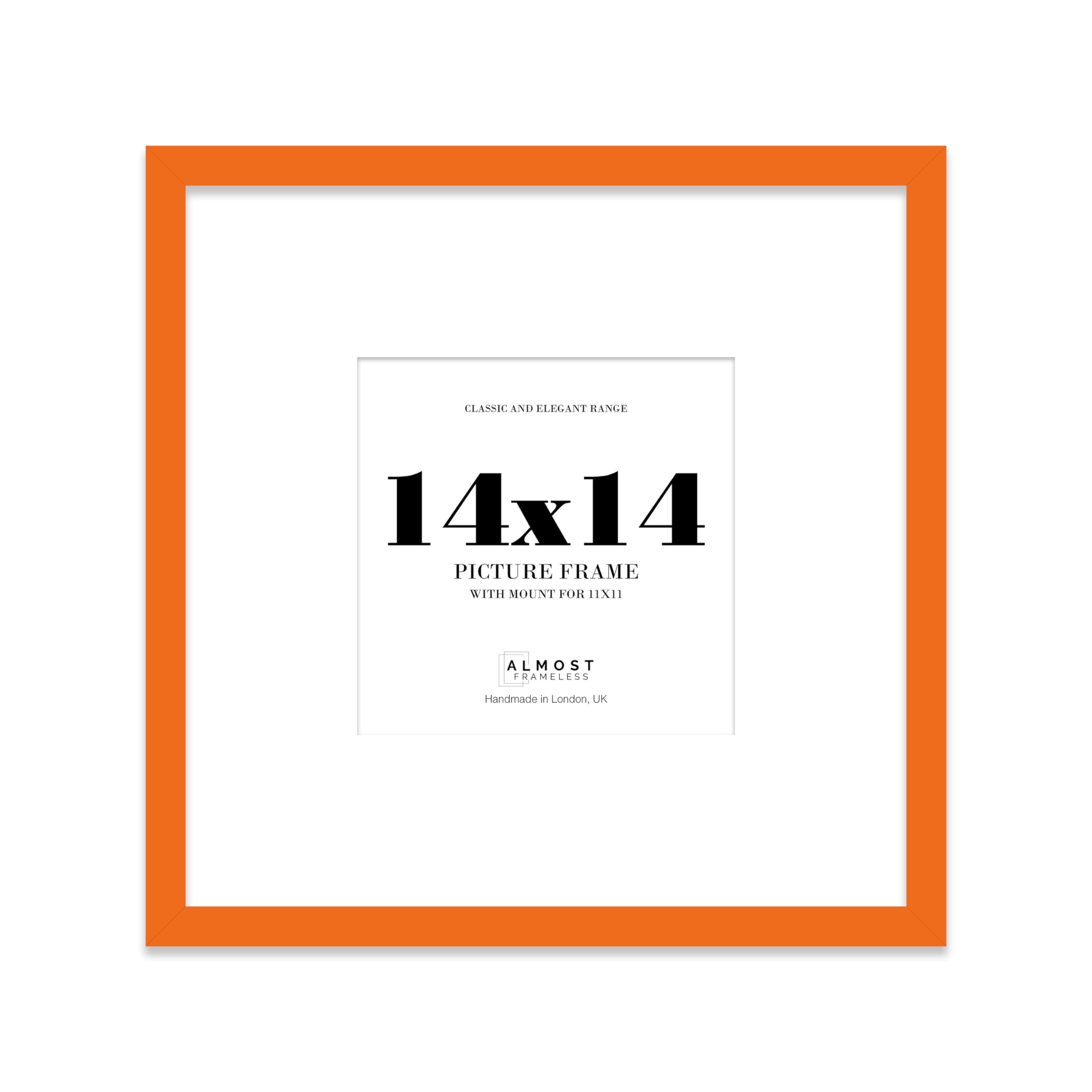 Almost Frameless 14x14 Square Picture Frame, Display Pictures 11x11 With Mat or 14x14 Without Mat, Wall Hanging & Free Standing Photo Frame, Orange, 1 Pack