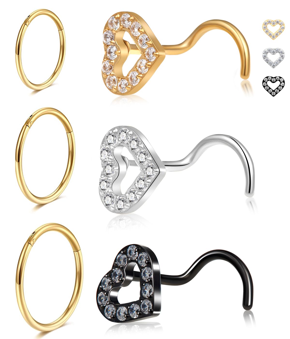 PANSYIRIS Heart Nose Rings Studs - 20G Gold/Silver Nose Rings for Women Men 14K Gold Filled & 316L Surgical Stainless Steel Nose Studs Hypoallergenic