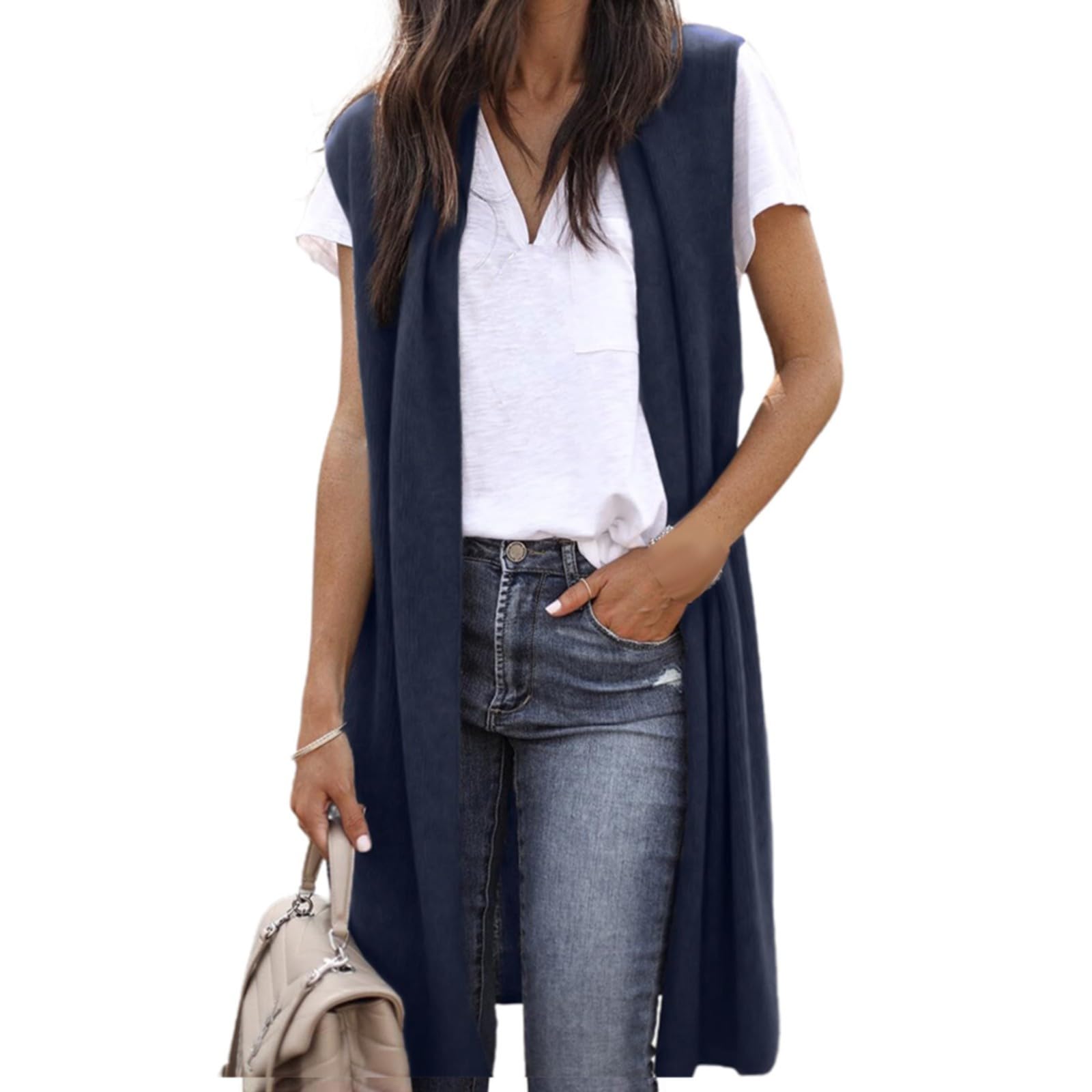 Chaqueta de punto para mujer de un solo color con frente abierto, chaleco de punto largo elástico, chaleco informal sin mangas, elegante, fino, sin mangas, abrigo de punto, cárdigan de punto monocolor