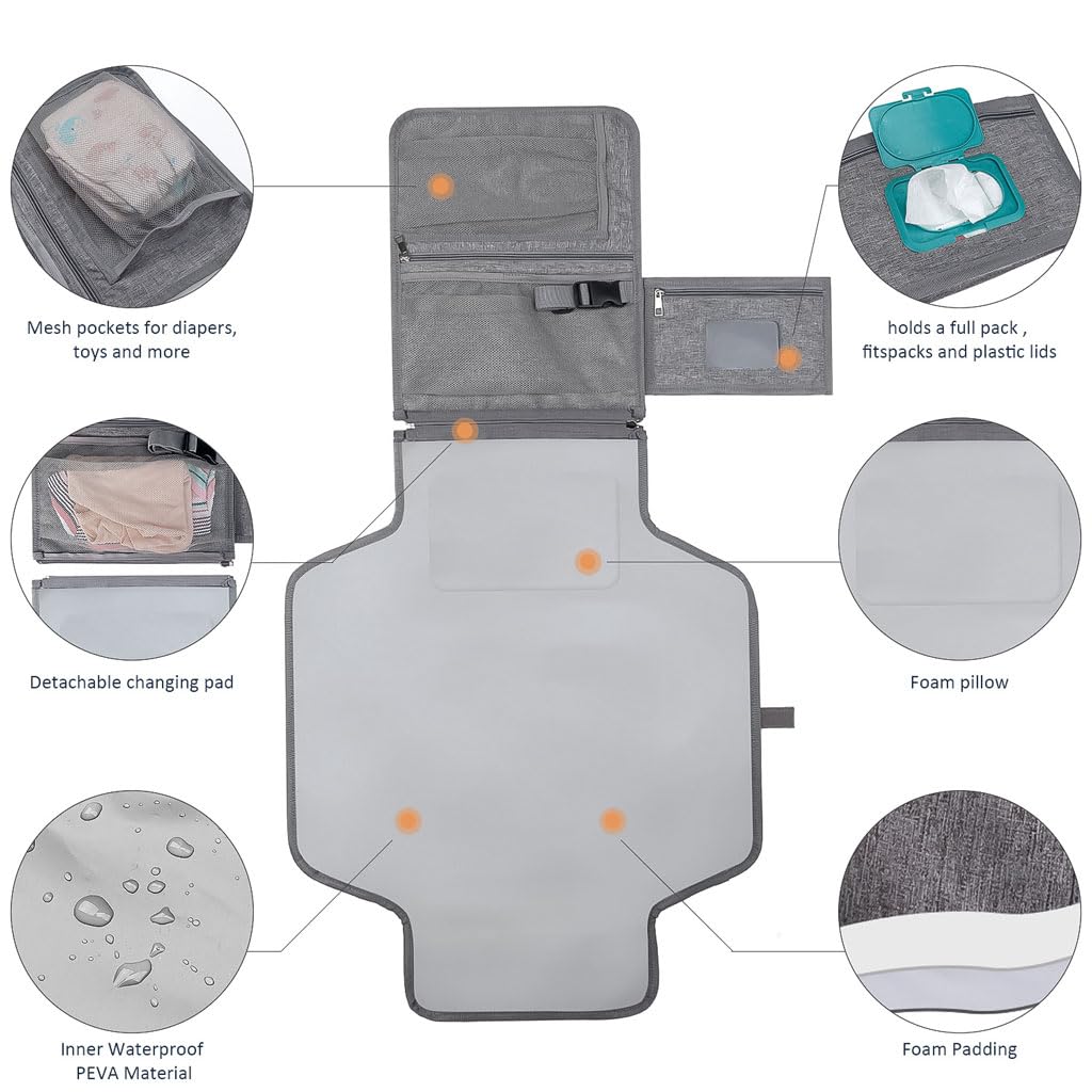 Portable Diaper Changing Station, Expandable Baby Diaper Bag, Compact Diaper Changing Travel Bag with Wet Wipe Pocket, Waterproof Baby Travel Station Set with 2 Bibs (Gray)