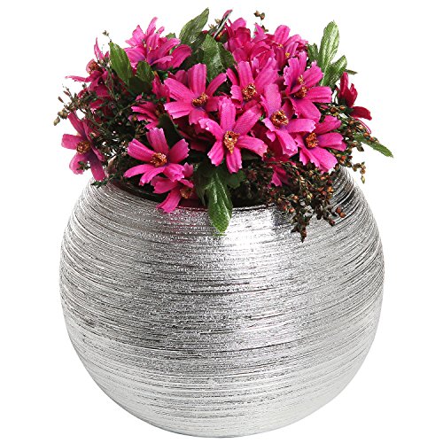 MyGift 7-Inch Round Modern Metallic Gold-Tone Ridged Ceramic Plant Flower Planter Pot, Decorative Bowl Vase