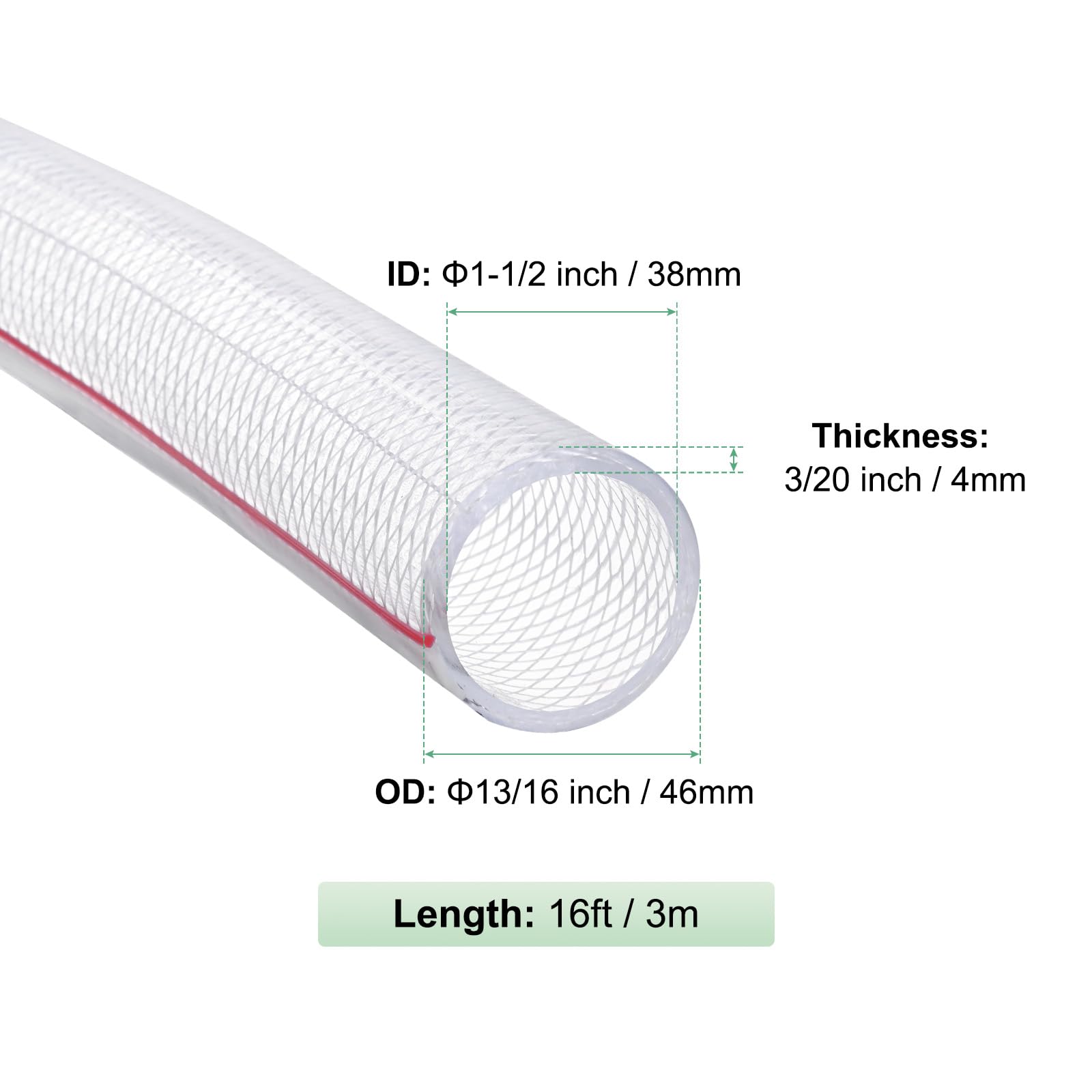 M METERXITY Tubo trasparente, diametro interno 3,8 cm x 3 m, ad alta pressione, intrecciato, flessibile, in PVC, per erogazione di acqua, olio, linee d'aria