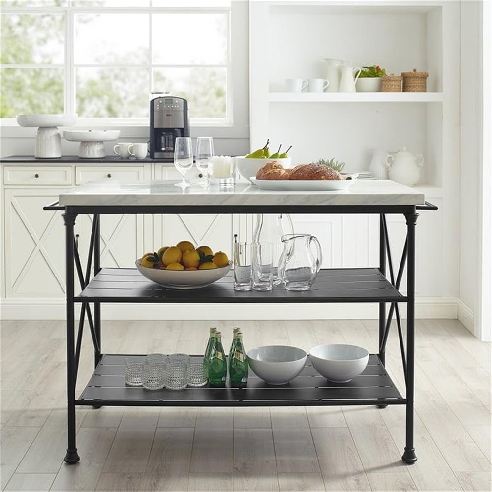 Pemberly Row Kitchen Island, Matte Black Steel Base, White Faux Marble Top, 53.25" W x 24" D x 36" H, 2 Shelves, Towel Bars, Industrial Style for Kitchen Storage and Prep
