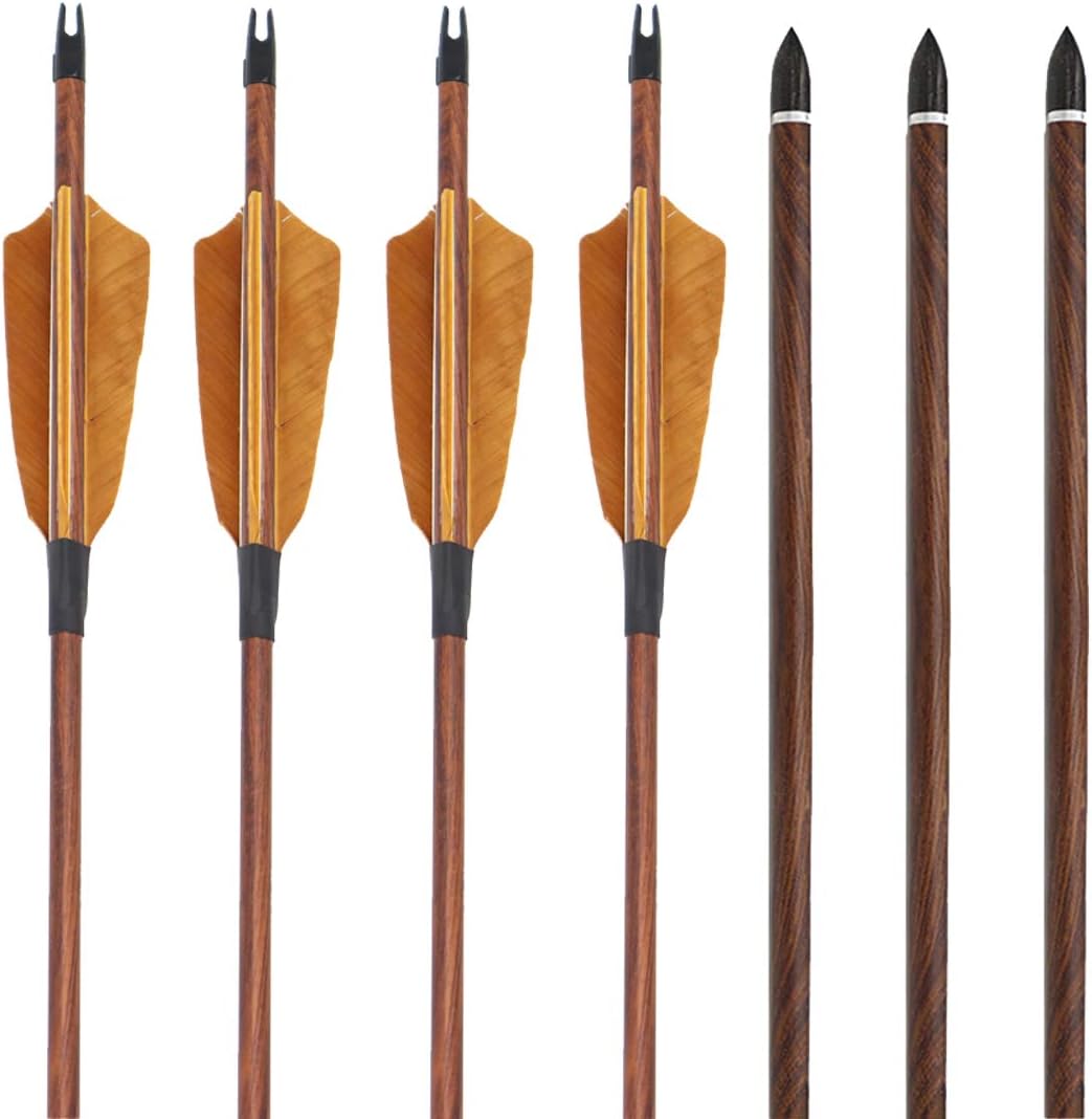 Obert 6pcs Archery Carbon Arrows 28 Inch Spine 400/500 with 4" Real Turkey Feathers & Removable Tips Wood Grain for Hunting Recurve Bow Compound Bow