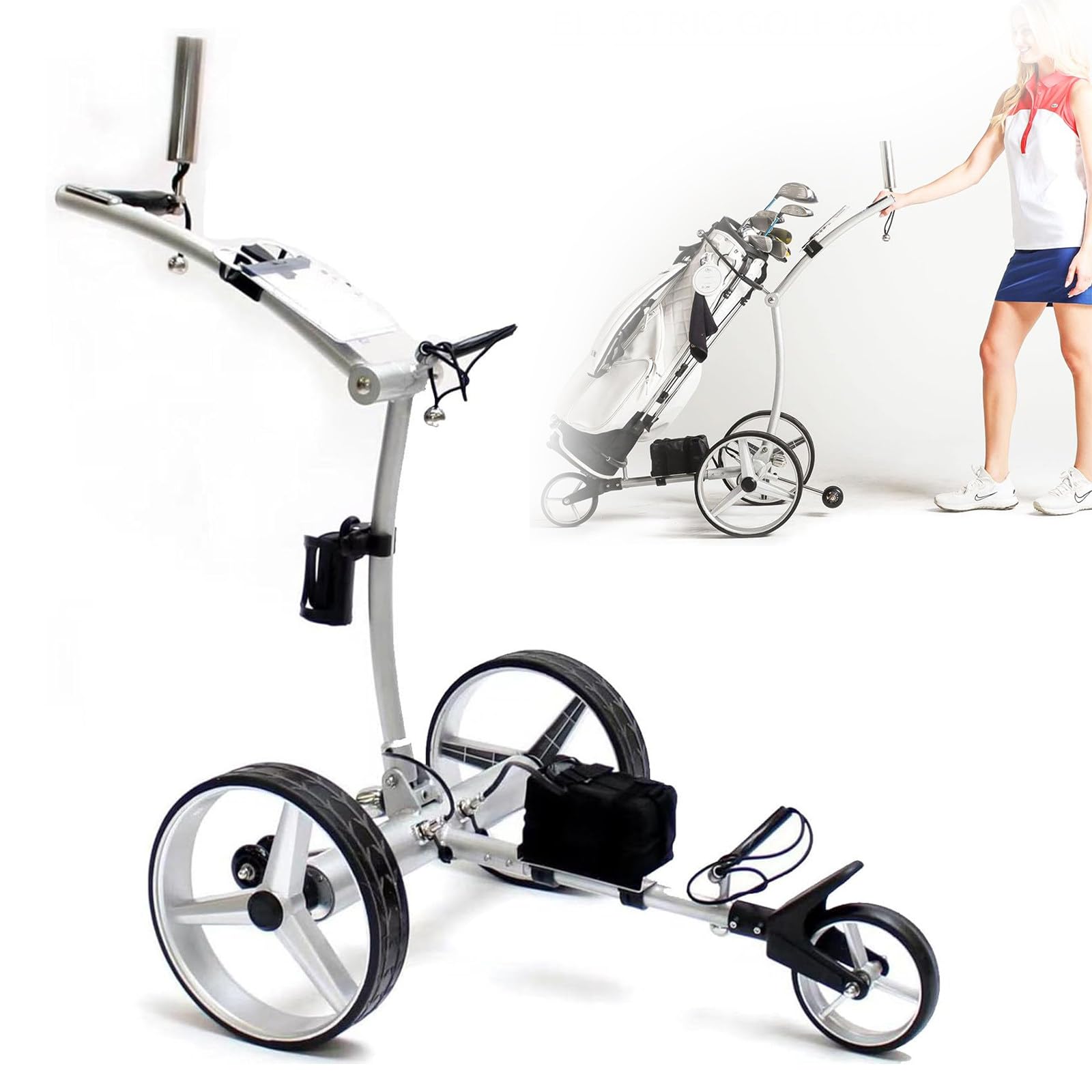 Carrito de golf eléctrico, carrito de golf plegable de 3 ruedas con soporte para teléfono, portavasos y soporte para paraguas