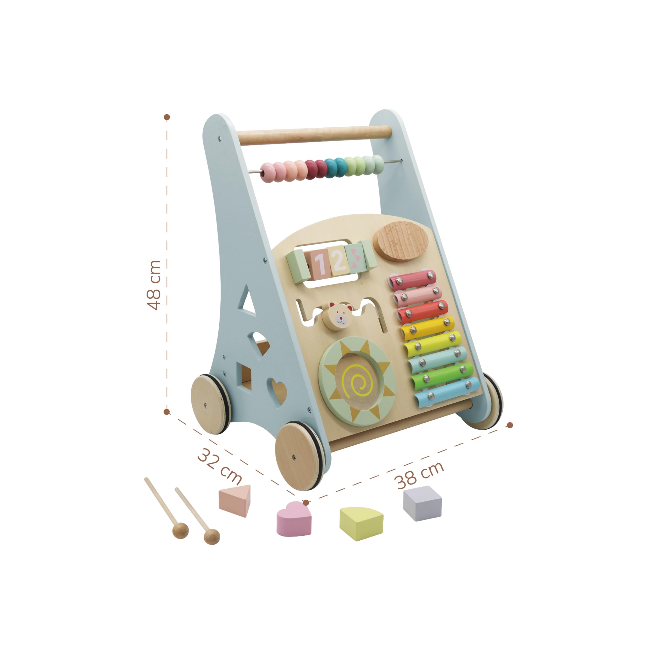 Buddy Baby - Andador de Madera Montessori - Desde 12 meses - Panel interactivo (xilófono, puzzle, espejo, engranajes) - Cajón trasero - Ruedas goma antideslizantes - No daña el suelo