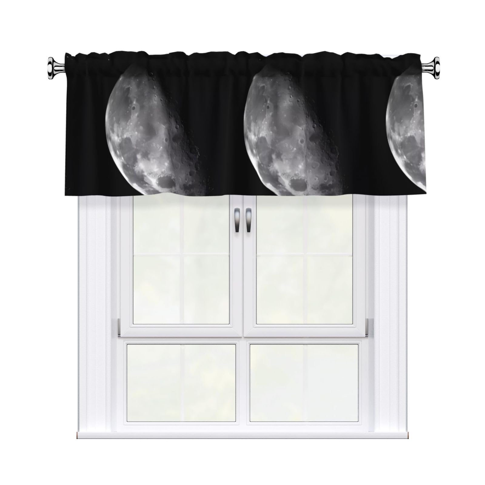 WHJDPP Black Background Moon Prints Charming Kitchen Window Cover – 54x18 Inch Peach Skin Valance with Decorative Print