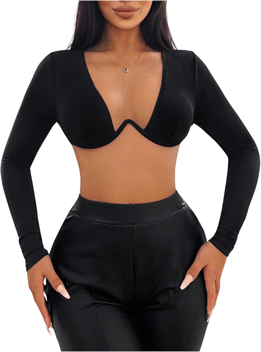 SHENHE Women's Deep V Neck Long Sleeve Plunge Crop Top Underwire Push Up Sexy Micro Crop Top - Image 5