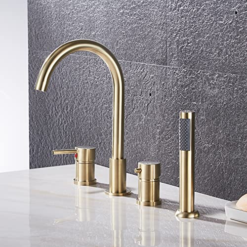 Pommeau de douche et robinet de baignoire 4 trous or brossé sur pont