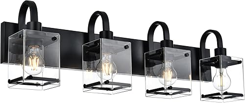 TULUCE Lámpara de tocador negra para baño, 4 apliques de luz, iluminación de pared, luces rústicas de mediados de siglo con pantalla de vidrio,