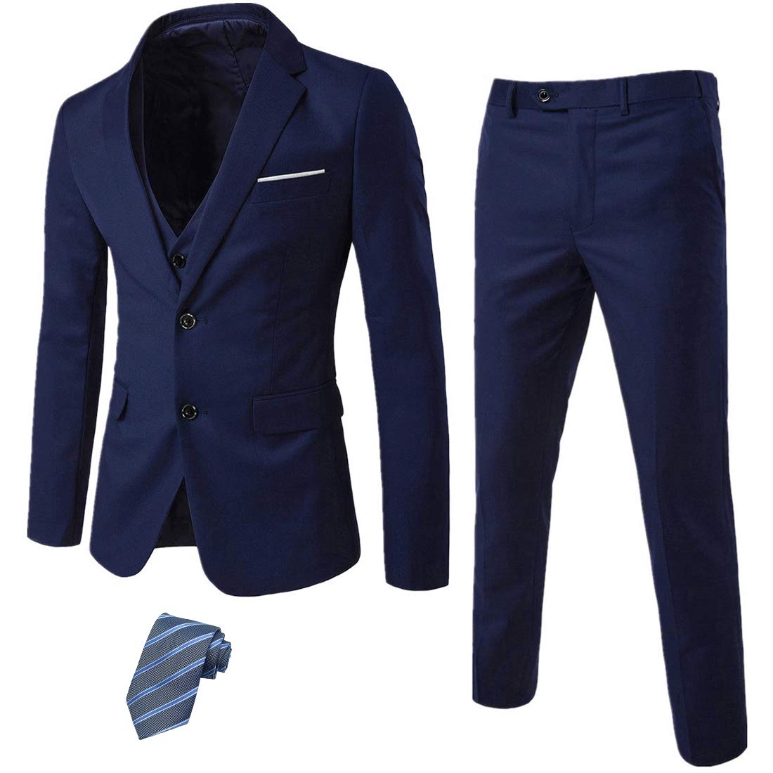 Men's Slim Fit 2 Button 3 Piece Suit Set, Solid Blazer Jacket Vest Pants & Tie
