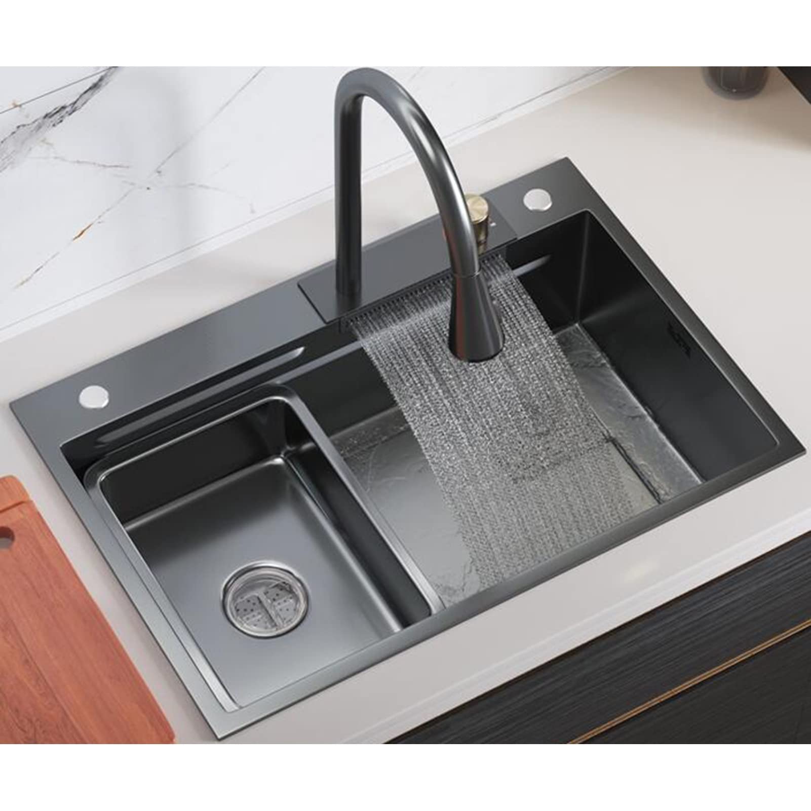 ZQFHSX Kitchen Sink, With Rainbow Waterfall Type Faucet Bar Prep 304 Stainless Steel Deep Single-Bowl Sink Basin, Drop-In Or Undermount Installation (Size : 75x46x22cm)