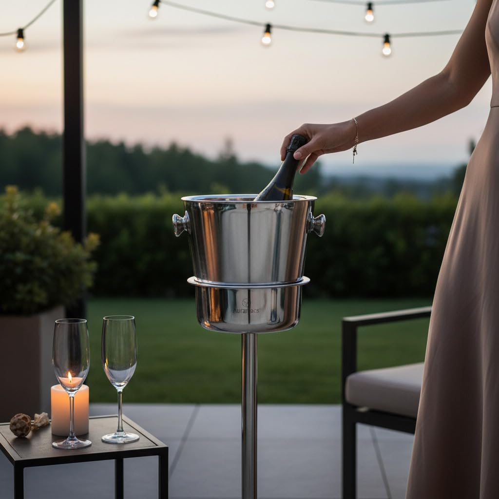 Tower | Champagnerkühler mit Standfuß aus Edelstahl | Freistehender Flaschenkühler, spiegelpoliert | Isolierter Kühler mit Säule | Eleganter Weinkühler für Events & Gastronomie