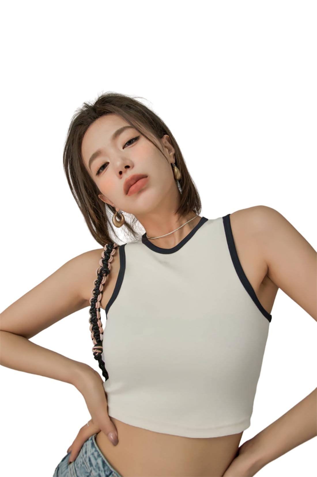 istyle can Women's Solid Korean Color Block Cotton Rib Knit Crop Tank Top-picture-21